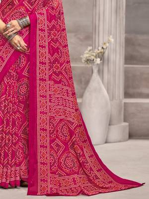 Pink bandhani printed chiffon saree with unstitched blouse, ethnic indian attire 4