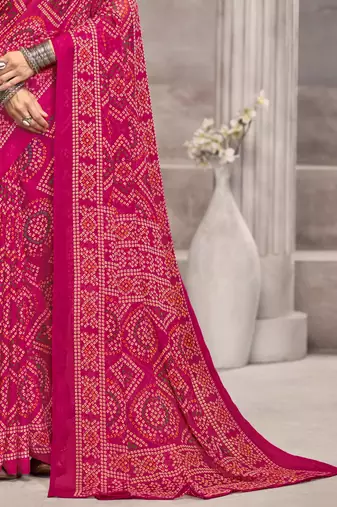 Pink bandhani printed chiffon saree with unstitched blouse, ethnic indian attire