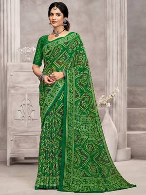 Green blue bandhani printed chiffon saree with unstitched blouse, ethnic indian attire 1