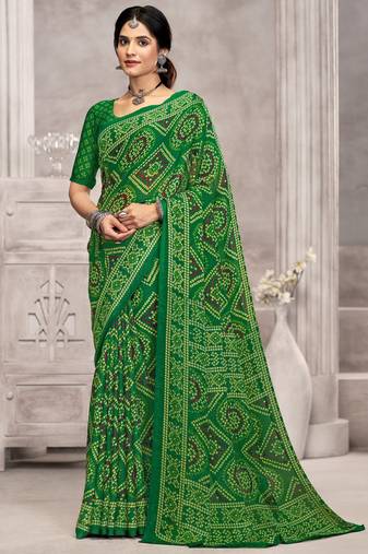 Green blue bandhani printed chiffon saree with unstitched blouse, ethnic indian attire