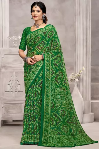 Green blue bandhani printed chiffon saree with unstitched blouse, ethnic indian attire