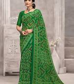 Green blue bandhani printed chiffon saree with unstitched blouse, ethnic indian attire