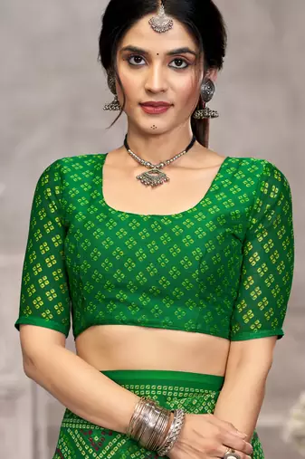 Green blue bandhani printed chiffon saree with unstitched blouse, ethnic indian attire