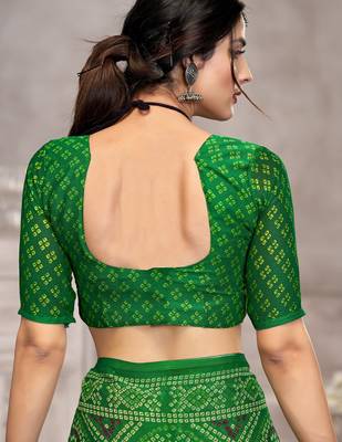 Green blue bandhani printed chiffon saree with unstitched blouse, ethnic indian attire 3