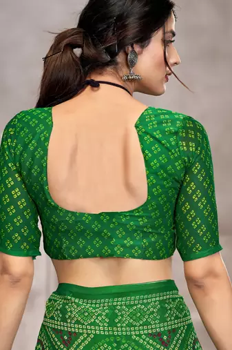 Green blue bandhani printed chiffon saree with unstitched blouse, ethnic indian attire