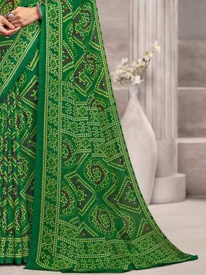 Green blue bandhani printed chiffon saree with unstitched blouse, ethnic indian attire 4