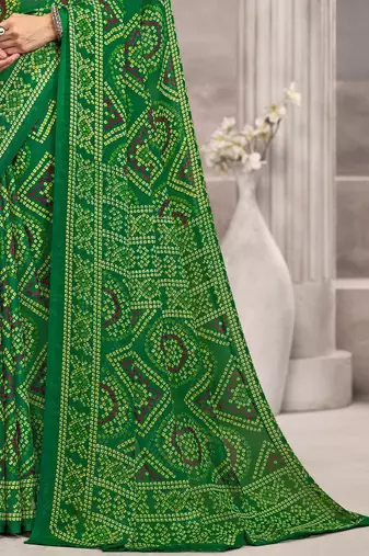 Green blue bandhani printed chiffon saree with unstitched blouse, ethnic indian attire