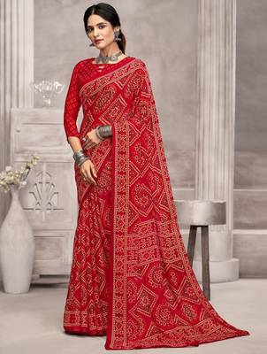 Red bandhani printed chiffon saree with unstitched blouse, ethnic indian attire 1