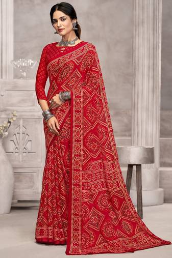 Red bandhani printed chiffon saree with unstitched blouse, ethnic indian attire