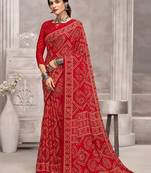 Red bandhani printed chiffon saree with unstitched blouse, ethnic indian attire