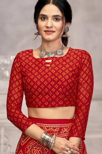 Red bandhani printed chiffon saree with unstitched blouse, ethnic indian attire