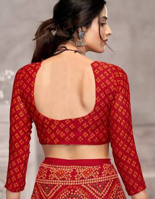 Red bandhani printed chiffon saree with unstitched blouse, ethnic indian attire 3