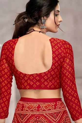 Red bandhani printed chiffon saree with unstitched blouse, ethnic indian attire