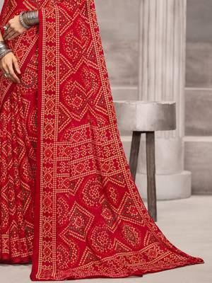 Red bandhani printed chiffon saree with unstitched blouse, ethnic indian attire 4