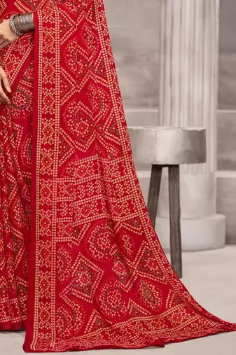 Red bandhani printed chiffon saree with unstitched blouse, ethnic indian attire