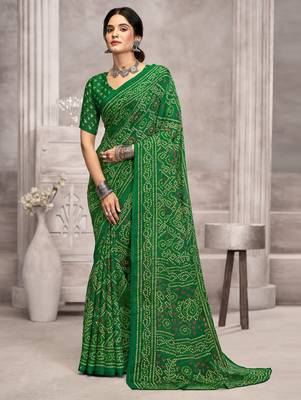 Green pink bandhani printed chiffon saree with unstitched blouse, ethnic indian attire 1