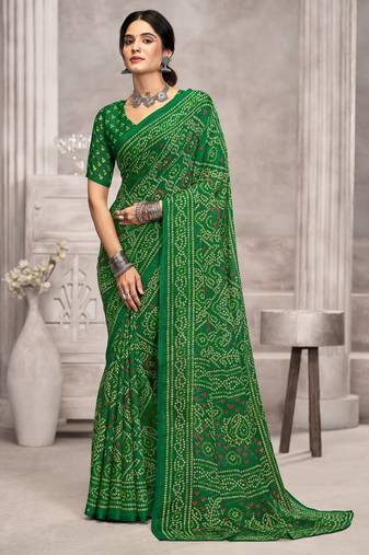 Green pink bandhani printed chiffon saree with unstitched blouse, ethnic indian attire