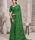 Green pink bandhani printed chiffon saree with unstitched blouse, ethnic indian attire