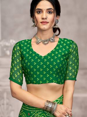 Green pink bandhani printed chiffon saree with unstitched blouse, ethnic indian attire 2