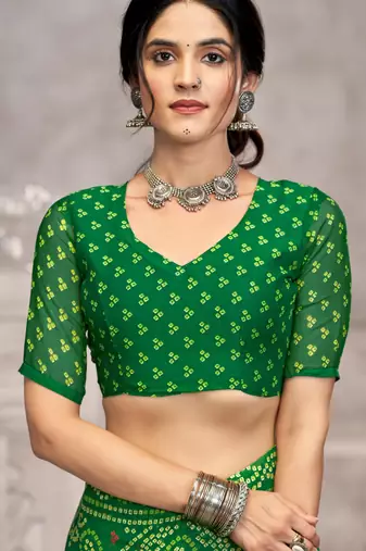 Green pink bandhani printed chiffon saree with unstitched blouse, ethnic indian attire