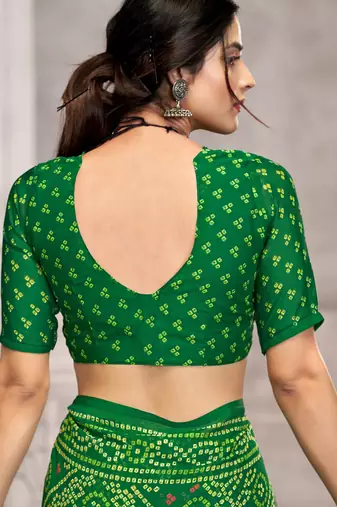 Green pink bandhani printed chiffon saree with unstitched blouse, ethnic indian attire