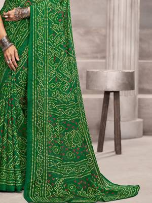 Green pink bandhani printed chiffon saree with unstitched blouse, ethnic indian attire 4