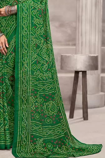 Green pink bandhani printed chiffon saree with unstitched blouse, ethnic indian attire