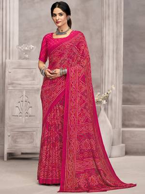 Pink maroon bandhani printed chiffon saree with unstitched blouse, ethnic indian attire 1
