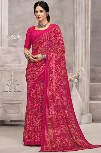 Pink maroon bandhani printed chiffon saree with unstitched blouse, ethnic indian attire