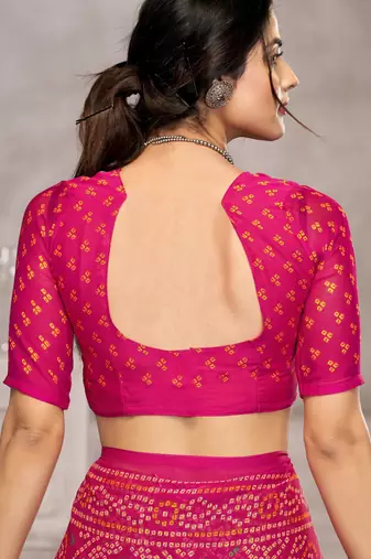 Pink maroon bandhani printed chiffon saree with unstitched blouse, ethnic indian attire