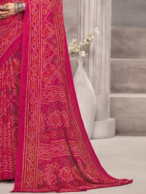 Pink maroon bandhani printed chiffon saree with unstitched blouse, ethnic indian attire 4