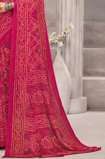 Pink maroon bandhani printed chiffon saree with unstitched blouse, ethnic indian attire