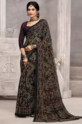 Black bandhani printed chiffon saree with unstitched blouse, ethnic indian attire