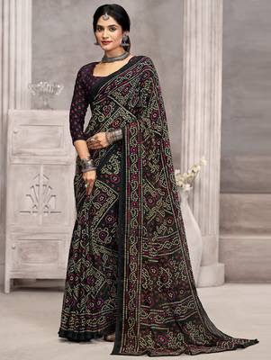 Black bandhani printed chiffon saree with unstitched blouse, ethnic indian attire 1