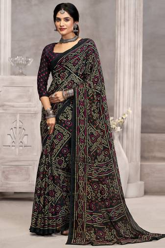 Black bandhani printed chiffon saree with unstitched blouse, ethnic indian attire