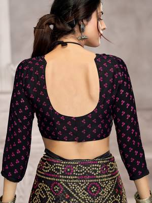 Black bandhani printed chiffon saree with unstitched blouse, ethnic indian attire 3