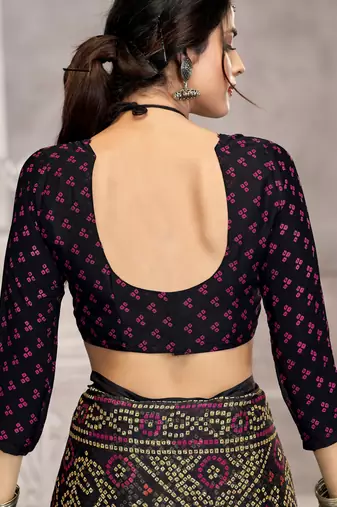 Black bandhani printed chiffon saree with unstitched blouse, ethnic indian attire