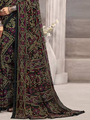 Black bandhani printed chiffon saree with unstitched blouse, ethnic indian attire 4
