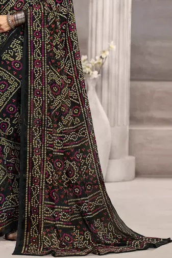 Black bandhani printed chiffon saree with unstitched blouse, ethnic indian attire