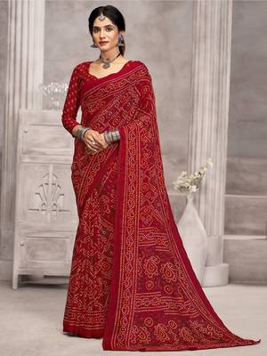 Maroon bandhani printed chiffon saree with unstitched blouse, ethnic indian attire 1