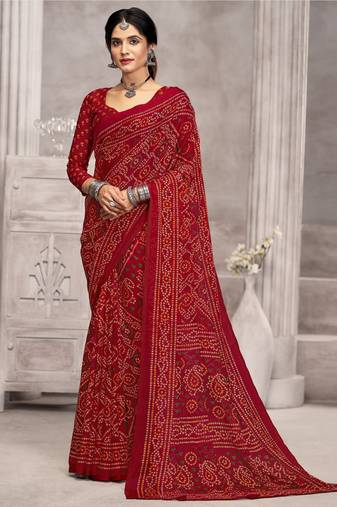Maroon bandhani printed chiffon saree with unstitched blouse, ethnic indian attire
