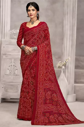 Maroon bandhani printed chiffon saree with unstitched blouse, ethnic indian attire