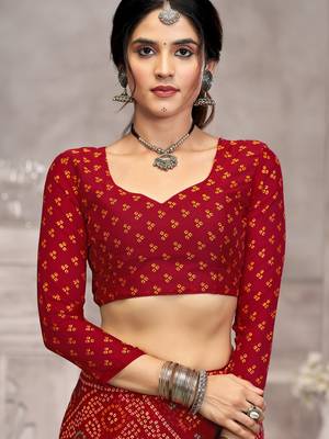 Maroon bandhani printed chiffon saree with unstitched blouse, ethnic indian attire 2