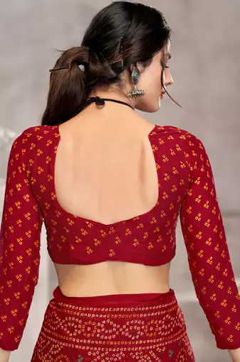 Maroon bandhani printed chiffon saree with unstitched blouse, ethnic indian attire