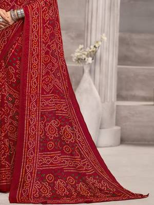 Maroon bandhani printed chiffon saree with unstitched blouse, ethnic indian attire 4