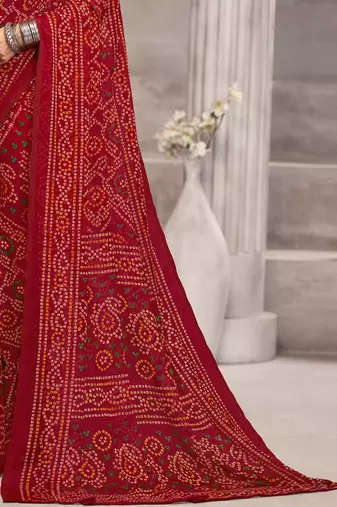 Maroon bandhani printed chiffon saree with unstitched blouse, ethnic indian attire