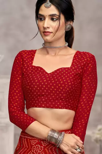 Red bandhani printed chiffon saree with unstitched blouse, ethnic indian attire