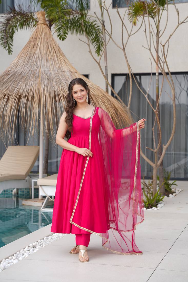 RANI PINK pure roman silk readymade anarkali suit stitched