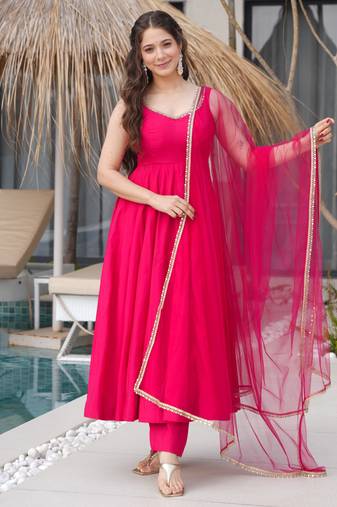 RANI PINK pure roman silk readymade anarkali suit stitched