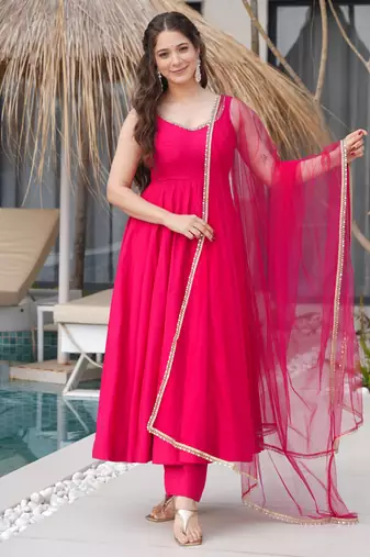 RANI PINK pure roman silk readymade anarkali suit stitched